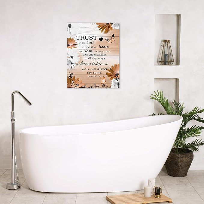 LB Bible Verse Wall Art for Bathroom Orange Daisy Flower and Butterfly Canvas Wall Art Wall Paintings Home Decor Vintage Grey Wall Pictures for Living Room Bedroom Office Ready To Hang, 8x10 Inch