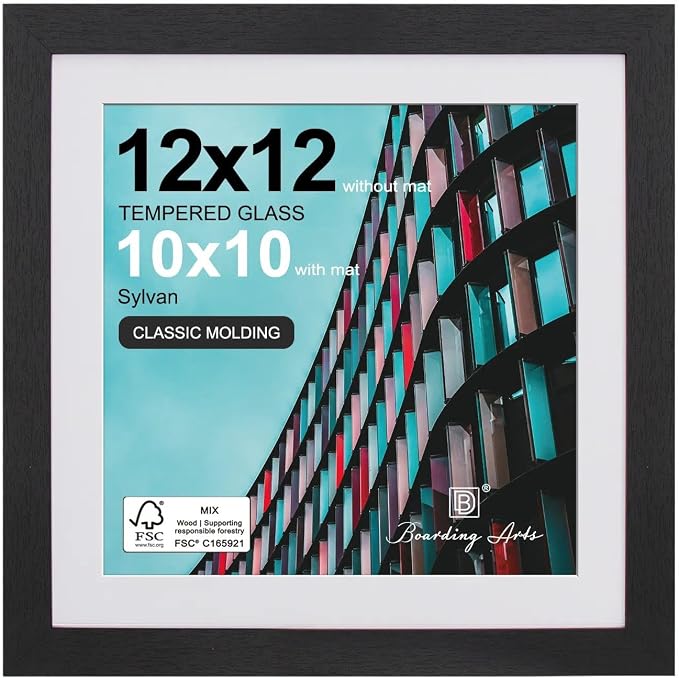 12x12 Picture Frame Black,10x10 Mat,Tempering Glass,Engineered Wood