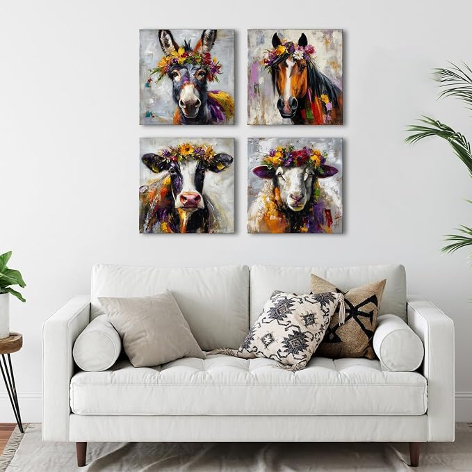 Abstract Animals Wall Art Colorful Cow Picture for Kitchen Rustic Farmhouse Horse Donkey Sheep Canvas Wall Decor Country Farm Animal Posters Modern Artwork Living Room Home Decoration 12x12” 4Pcs