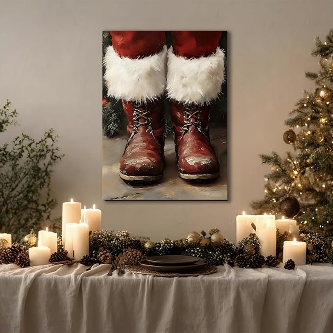 Framed Christmas Boots Wall Art 8x12inch– Rustic Winter Canvas Prints for Home Wall Decor – Farmhouse Red Christmas Pictures Wall Hanging for Living Room & Bedroom, Bathroom