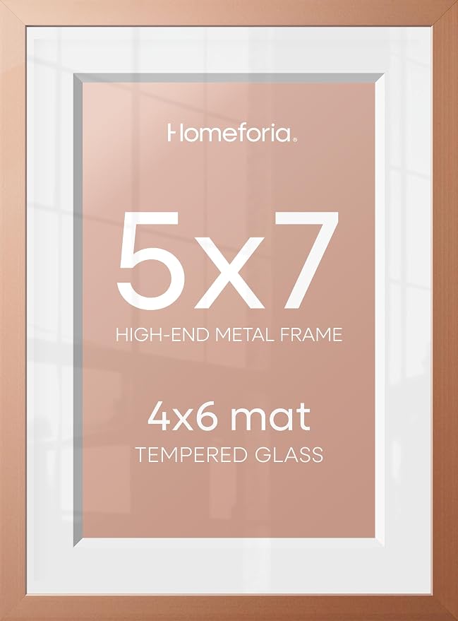 Homeforia 5x7 Rose Picture Frame, High-End Metal, 4x6 Mat, Glass