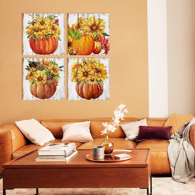 Fall Wall Art Rustic Pumpkin Pictures for Kitchen Farmhouse Sunflower Wall Decor Living Room Autumn Harvest Painting Canvas Prints Artwork Halloween Dining Room Thanksgiving Home Decorations 12x12" 4P