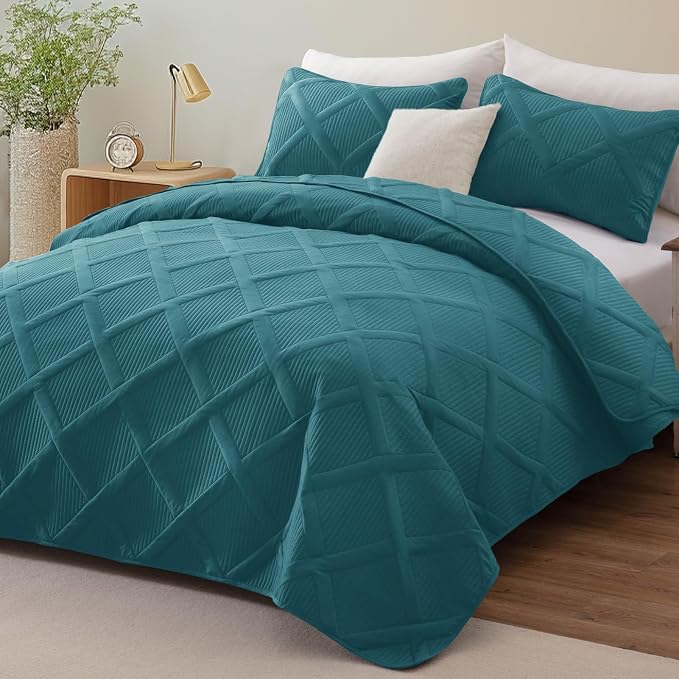 Exclusivo Mezcla Quilt King Size, Teal | Soft Bedspreads with 2 Pillow Shams, Modern Striped Pattern, Lightweight Bedding Set Coverlets for All Seasons, 104x96 Inch