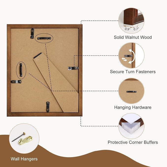 SNAPSHOT 8x10 Picture Frame, Natural Walnut Wood Photo Frame Set with Real HD Glass for Pictures 6x8/5x7 with Mat or 8x10 Without Mat, Gallery Poster Frame for Wall or Tabletop - 2Pcs
