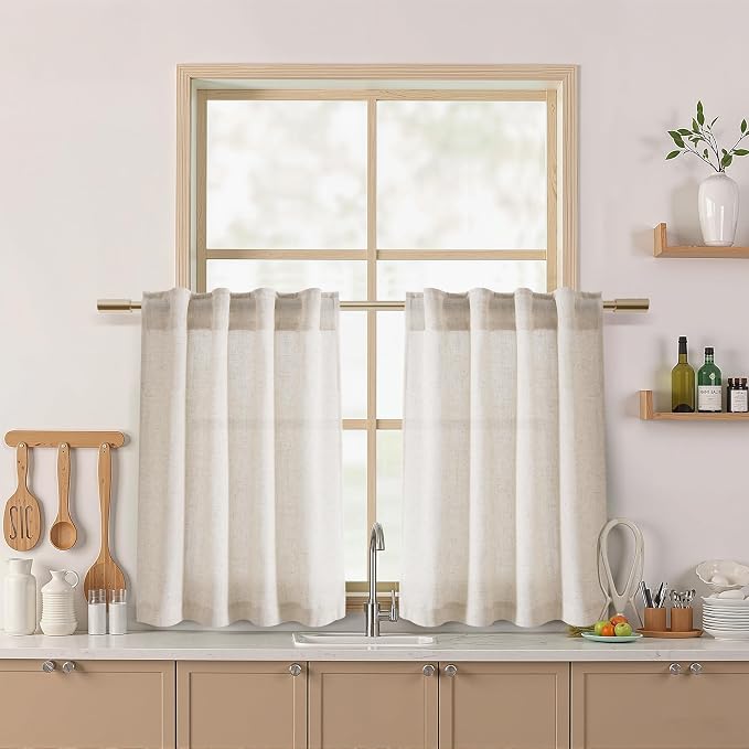 30 Inch Beige Curtains for Kitchen Linen Blend Rustic Farmhouse Short Curtain Back Tab and Rod Pocket Semi Sheer Curtains for Cafe Bathroom Small Window 26 x 30 Inch, 2 Panels