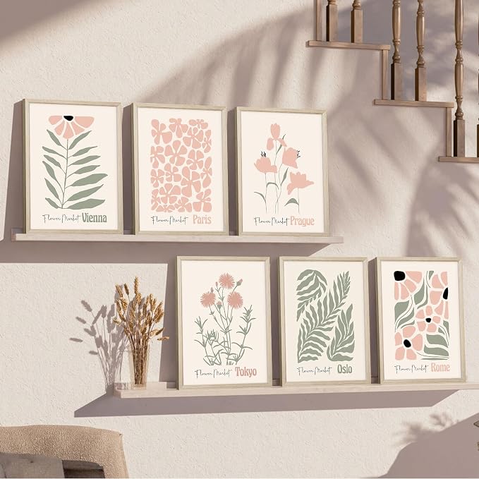 Baccone Boho Botanical Wall Art Prints Blush Pink Canvas Wall Decor Flower Market Wall Art Poster Abstract Aesthetic Pictures Pink Floral Artwork for Room Bedroom Set of 6 12x16 Inch Framed