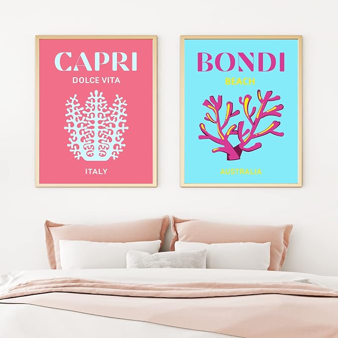 Whaline 9Pcs Preppy Travel Wall Art Prints Colorful Abstract Aesthetic Preppy Room Decor Minimalist Art Poster Decor for Teen Girls Bedroom Pink College Dorm Room Posters(UNFRAMED 10x12in)