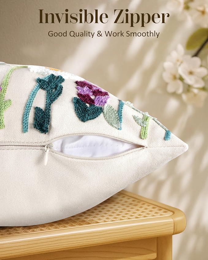 Embroidered Throw Pillow Cover - 20x20 Decorative Pillow Cover with Zipper Aesthetic Cute Design Boho Spring Summer Throw Pillowcase for Living Room Couch Sofa Bed, Wild Floral