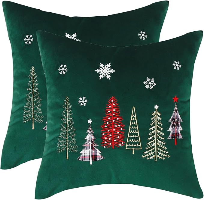 Christmas Embroidery Throw Pillow Covers 24 x 24 inch Set of 2 Xmas Dec Velvet Pillowcases Forest Green Christmas Trees Cushion Pillow Cases Soft Square Holiday Pillowcase