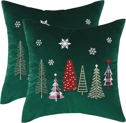 Christmas Embroidery Throw Pillow Covers 24 x 24 inch Set of 2 Xmas Dec Velvet Pillowcases Forest Green Christmas Trees Cushion Pillow Cases Soft Square Holiday Pillowcase