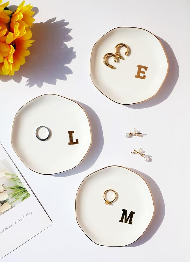 Ceramic Jewelry Tray Initial Ring Dish Personalized K-Monogrammed Engagement Wedding Gifts,Decorative Jewelry Holder for Birthday Mother's Day Christmas for Women, Ceramic White 4.5" (K)