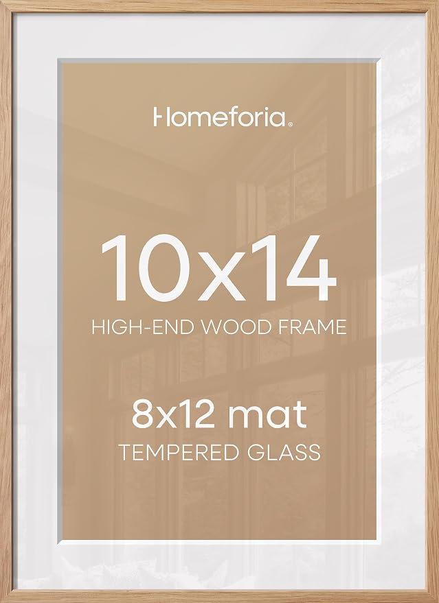 Homeforia 10x14 Natural Oak Picture Frame, High-End Wood, 8x12 Mat, Glass