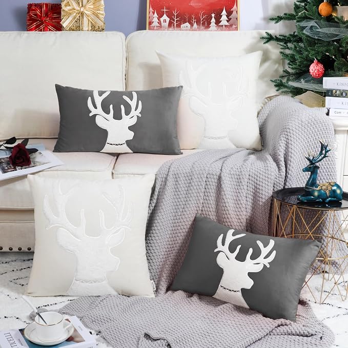 BRAWARM Christmas Pillow Cover 12 X 20 Inches, Gray Reindeer Embroidered Lumbar Pillow Cover, Soft Velvet Decorative Throw Pillow for Couch Bed Sofa Living Room Home