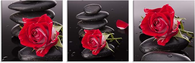 NAN Wind Red Canvas Wall Art Bedroom Wall Decor Black and White Zen Stones Spa Wall Art Rose Pictures for Living Room Kitchen Home Decorations Red Bathroom Accessories Flower Paintings Room Artwork