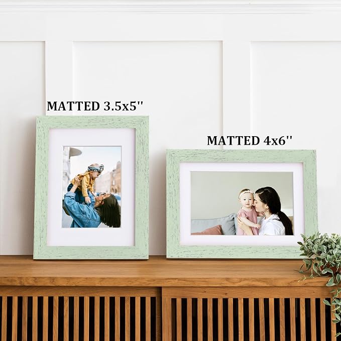 Egofine 5x7 Picture Frames Set of 4, Made of Solid Wood Covered by Plexiglass 3.5x5 and 4x6 with Mat or 5x7 without Mat, for Table Top Display and Wall Mounting Photo Frame Rustic Green