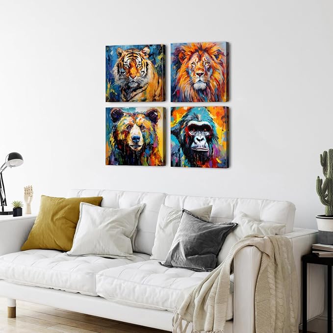 Animal Canvas Wall Art Boys Room Decor Watercolor Wildlife Portrait Picture Abstract Bear Tiger Lion Chimpanzees Painting Kids Bedroom Graffiti Banksy Artwork for Nursery Home Decoration 20x20"x4