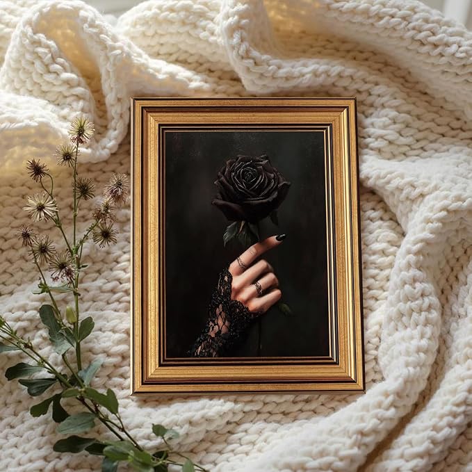 Vintage Gold Framed Wall Art Dark Academia Gothic Black Rose Wall Decor Picture Romantic Victorian Witchy Aesthetic Poster Dark Halloween Print for Gallery Living Room Bedroom Home Decoration 9x11in