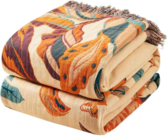 Boho Throw Blanket for Bed 100% Cotton Bohemian Blankets Ultra Soft Woven Muslin Decorative Blankets All Seasons Vintage Quilt Knitted Blanket for Sofa Chair(Orange, 60"x80")