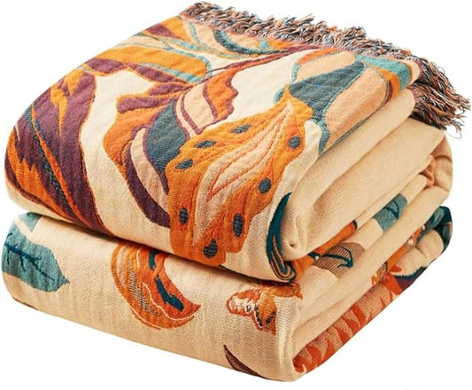 Boho Throw Blanket for Bed 100% Cotton Bohemian Blankets Ultra Soft Woven Muslin Decorative Blankets All Seasons Vintage Quilt Knitted Blanket for Sofa Chair(Orange, 60"x80")