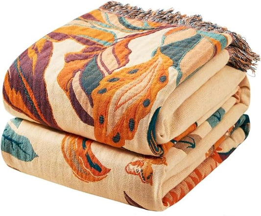 Boho Throw Blanket for Bed 100% Cotton Bohemian Blankets Ultra Soft Woven Muslin Decorative Blankets All Seasons Vintage Quilt Knitted Blanket for Sofa Chair(Orange, 80"x90")