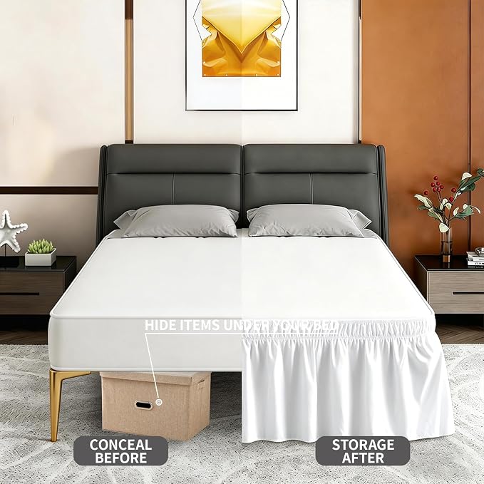ANARACHON King Bed Skirt, Elastic Wrap Around Bed Skirt King Size, Bed Skirts for Adjustable Bed, Easy Fit with 18" Drop Length Tailored Drop Dust Ruffle (White)