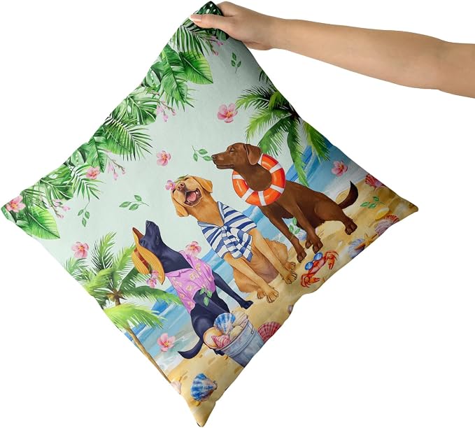 Giwawa Summer Dogs Pillow Covers Set of 2 20"x20" Funny Coastal Beach Puppy Square Pillowcases Tropical Palm Leaf Floral Soft Cotton Throw Cushion Covers for Sofa Couch Patio Living Room Decor