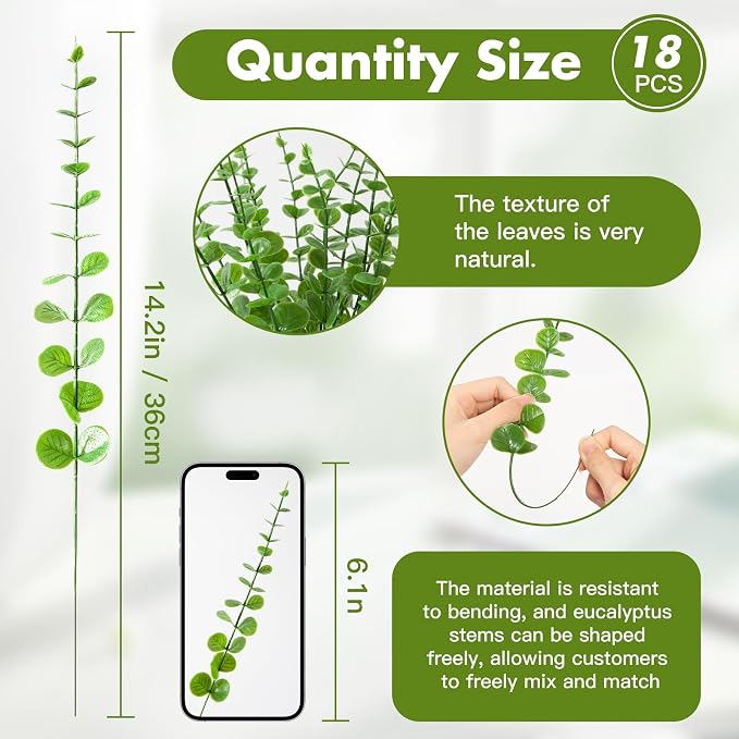 18pcs Eucalyptus Stems Light Green Greenery Stems Fake Leaves Artificial Flowers Bouquet Faux Branches Centerpiece Flores Plants for Home Party Decor Wedding Decoration