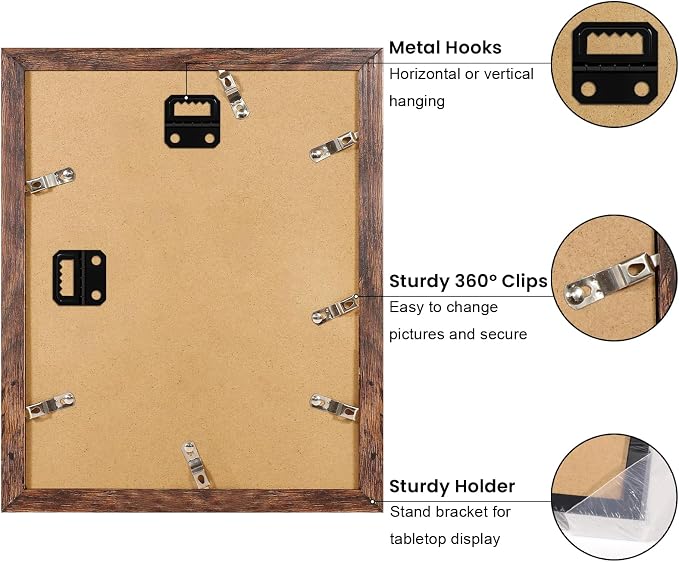 YESKAY 11x14 Picture Frame Set of 9, Photo Gallery Wall Frame Set, Display Pictures 8x10 with Mat or 11 x 14 Without Mat, Multi Photo Frames for Wall Mounting or Table Top Display, Rustic Brown