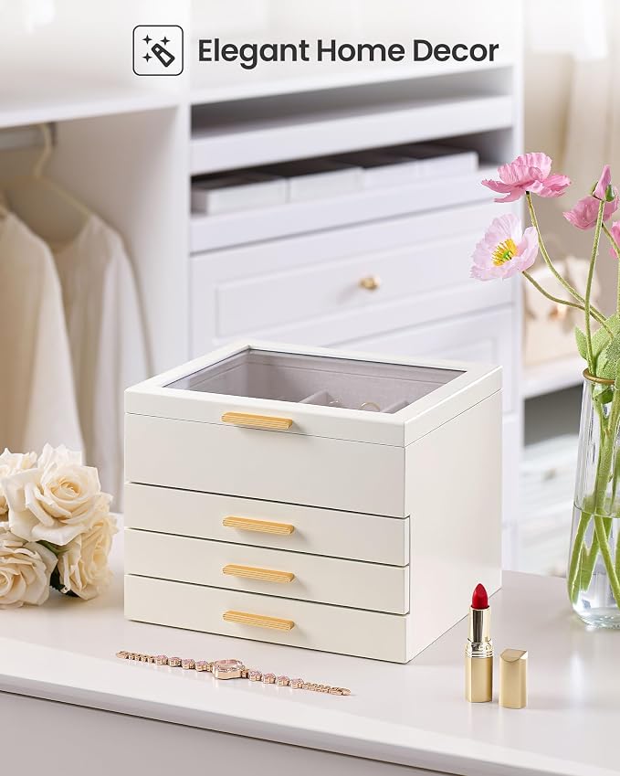 Lolalet Jewelry Box, Clear Window Wood Jewelry Storage for Earrings Bracelets Necklaces Rings, High Capacity Organizer for Women, Valentine's Day Gift -Beige, 4 Layers