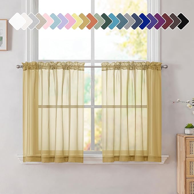 Gold Sheer Tier Curtains 24 Inch Rod Pocket 2 Panels for Kitchen