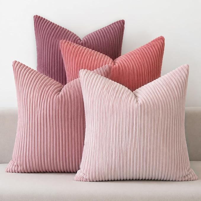 LANANAS Decorative Corduroy Throw Pillow Covers 18x18 Inch Rose Pink | Set of 4 Neutral Couch Farmhouse Boho Throw Pillows for Living Room, Couch, Bed, Sofa Soft Accent Home Decor