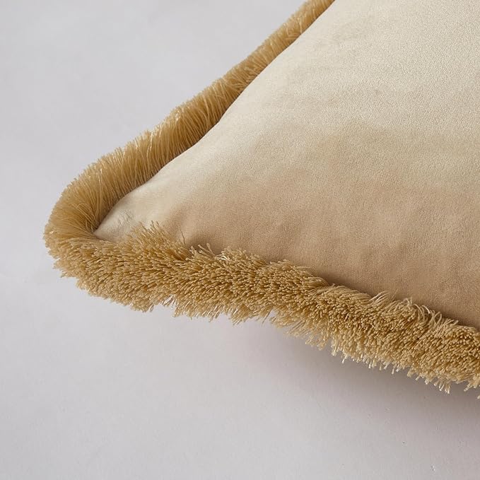 JUSPURBET Pack of 2 Khaki Decorative Fringe Velvet Throw Pillow Covers 26x26 for Home Decor Living Room Bedroom Car Boho Soft Cushion Cover with Hidden Zipper Machine Washable