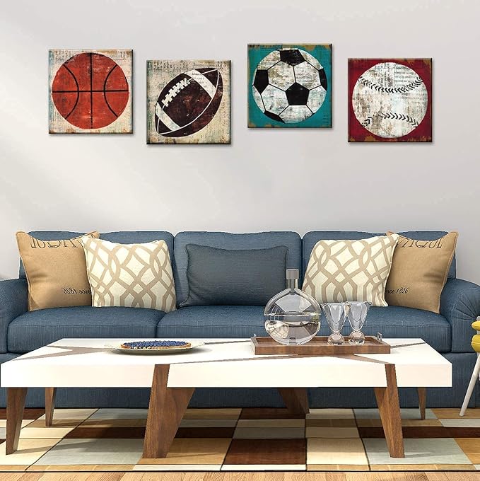 Rustic Soccer Football Baseball Basketball on Vintage Wood Grain Floor Fine Art Canvas Prints Sports Decor Soccer Nursery for Kids Boy Room Decoration Wooden Framed Modern Artwork Poster 24x24 4pcs