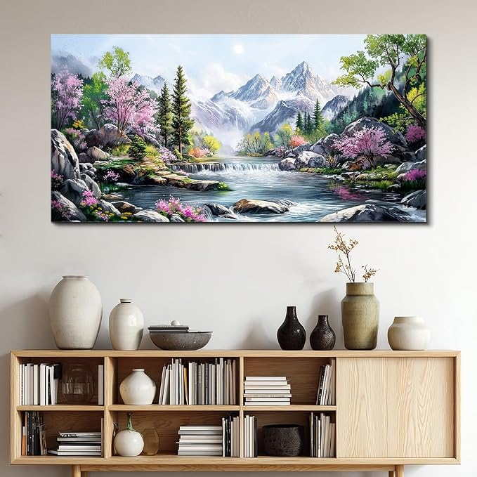 QIYILEXWART Canvas Wall Art For Living Room Large Wall Decor For Office Bedroom Decorations Mountain Landscape Pictures Spring Painting Artwork Room Wall Mural Aesthetic Home Decor 30x60 In