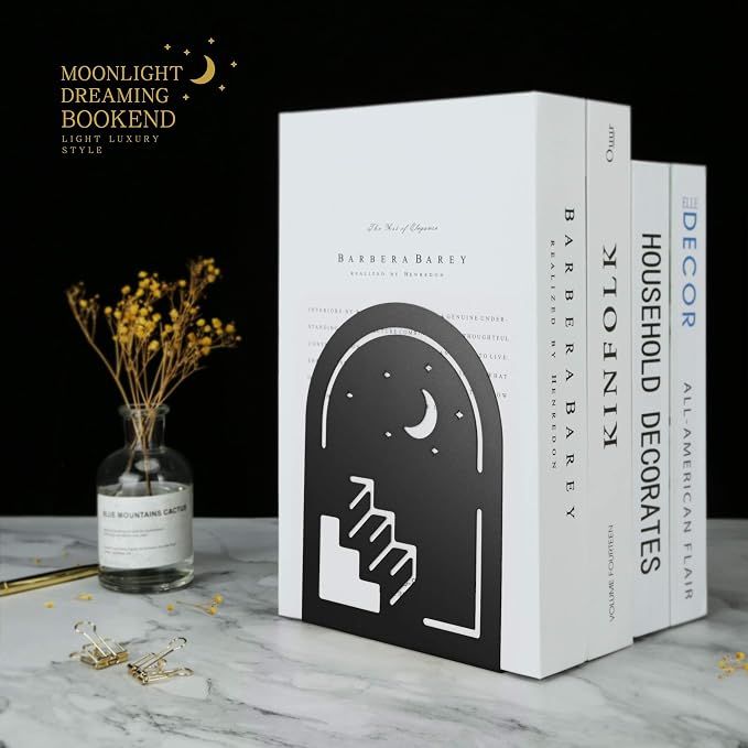 QiMing Stars Moon Ladder Bookends for Books,1 Pair Metal Dream Book Holders for Office Shelves Adults Gift(Black)