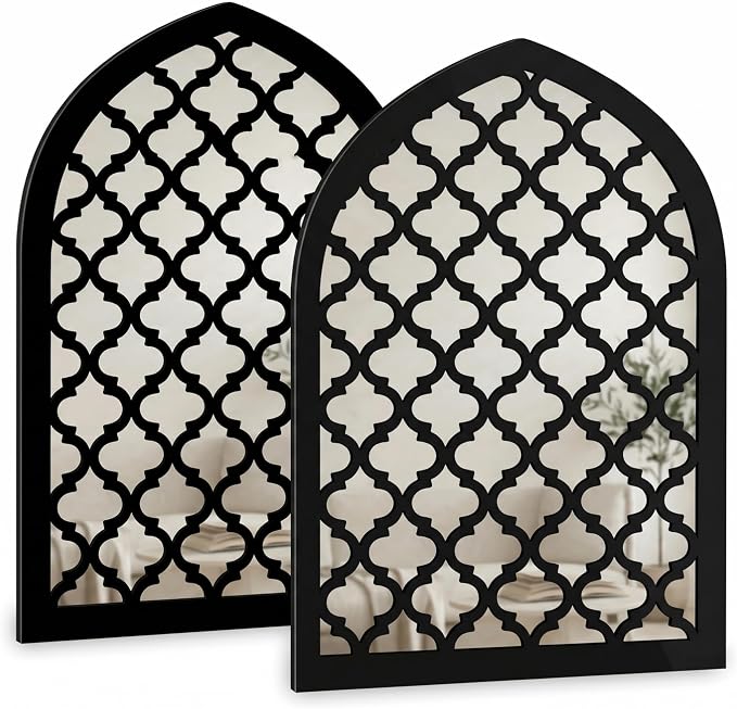 2 Pcs Moroccan Window Mirror Wall Decor, 12.8 x 8.9 Inch Self Adhesive Arched Mirror Wall Stickers for Living Room Bedroom Bathroom Hallway Entryway Bohemian and Mediterranean Style