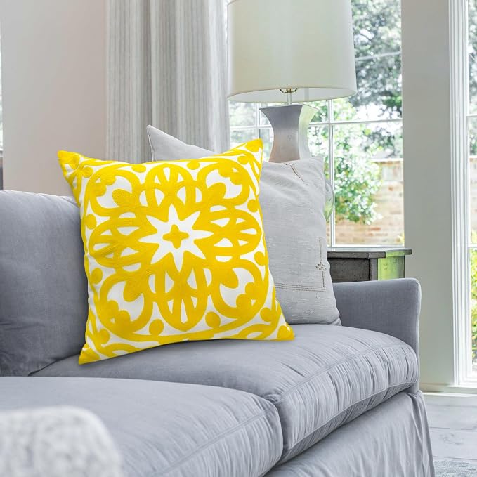 Alysheer Floral Embroidered Spring Decorative Throw Pillow Cover 18"x 18" Set of 2, Boho Mandala Embroidery Yellow Patterned Cushion Case for Sofa Couch Living Room Bedroom Outdoor