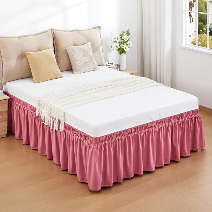 Dusty Red Bed Skirt King Size 18" Drop, Elastic Wrap Around Bedskirt | Solid Ruffled, Easy to Use, No Mattress Lifting, Wrinkle & Fade Resistant, with Adhesive Strips, Machine Wash/Dry/Iron