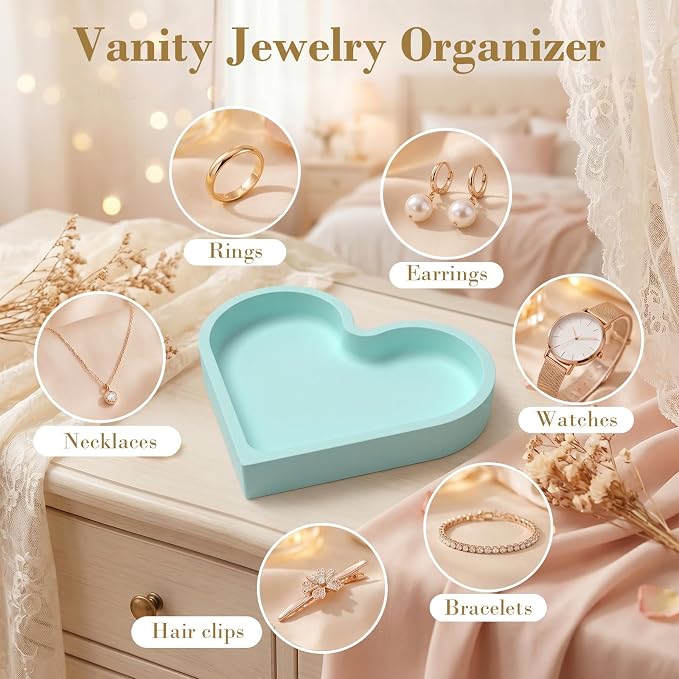 BLESWIN Cute Heart Silicone Jewelry Dish, Soft Ring Holder Tray, Small Trinket Bowl for Keys Earrings Necklace, Aesthetic Home Decoration Gift for Women Girls Mom Best Friend, light blue