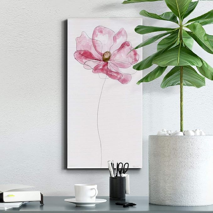 Renditions Gallery Canvas Floral Wall Art Modern Decorations Paintings Pink Flower Sketch Romantic Canvas Romantic Botanical Wall Hanging for Bedroom Office Kitchen - 8"x16" LT43