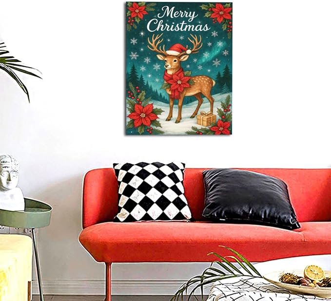 Reindeer Merry Christmas Wall Art Winter Reindeer Deer Poinsettia Canvas Wall Decor Elk Pictures Painting Print Framed Artwork Decorations Gifts for Living Room Bedroom Office 16"x20"