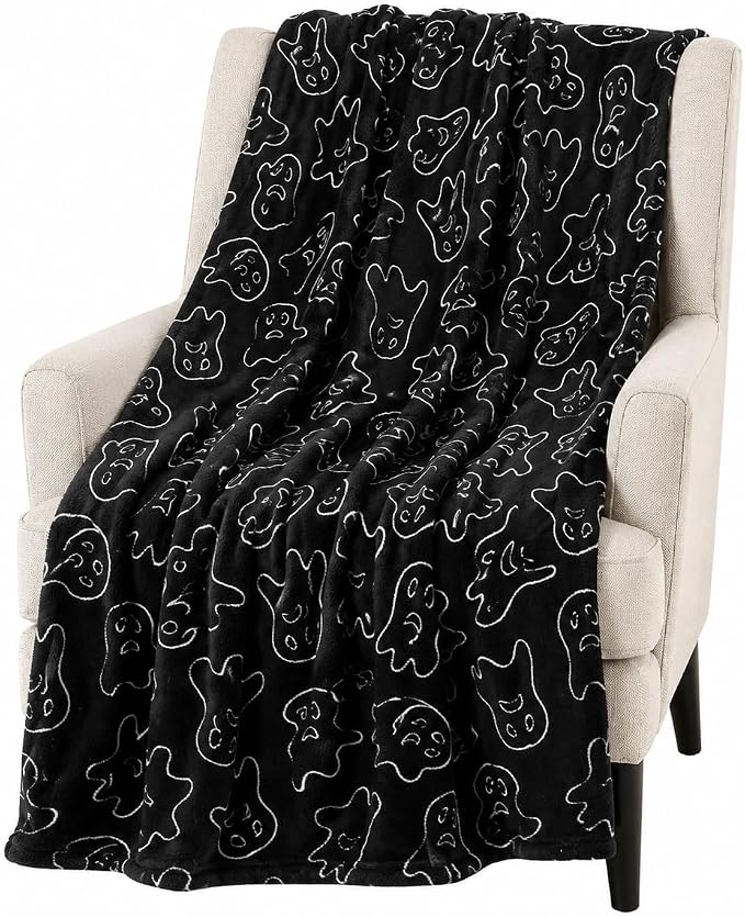 Halloween Ghost Fleece Throw Blanket 50x70 Inch XL Black Soft Flannel