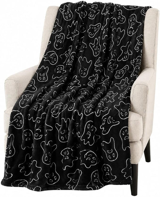 Halloween Fleece Throw Blanket, Cute Ghost Outline on Black, 50x70 XL size | Ultra-soft cozy flannel fleece, for sofa bed couch chair & dorms, spooky Halloween décor, durable and machine washable.
