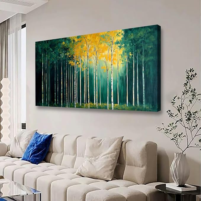 40x20 Inch Birch Tree Canvas Wall Art, Large Panoramic Autumn Forest Painting, Textured Green & Yellow Landscape Wall Decor, Framed Modern Nature Artwork for Living Room Bedroom Office Home Decoration