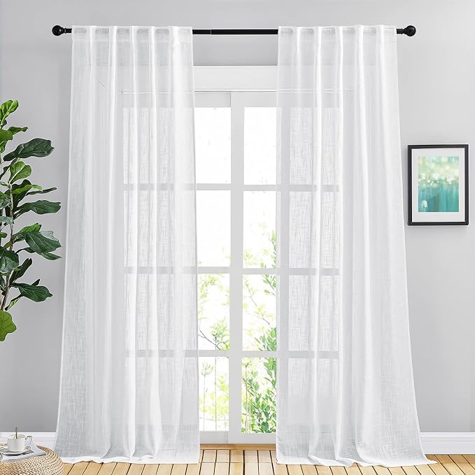 NICETOWN White Semi Sheer Living Room Curtains 108 inches Long, Rod Pocket & Back Tab Faux Linen Window Treatments Privacy with Light Filtering for Bedroom, W42 x L108, 2 Panels