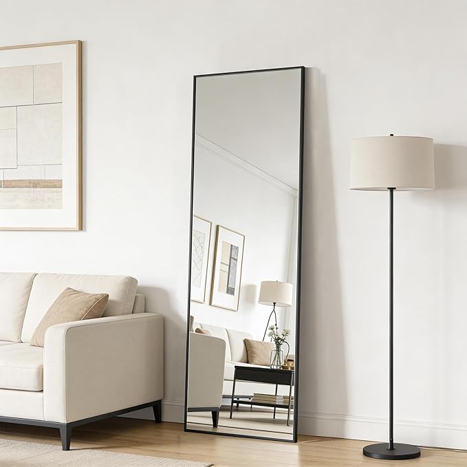 48x14 Inch Full Length Mirror Over the Door Hang or Wall Mounted Black | HD Tempered Glass, Aluminum Frame Rect Full Body Dressing Make-up Mirrors for Bedroom, Bathroom, Entryway, Living Room