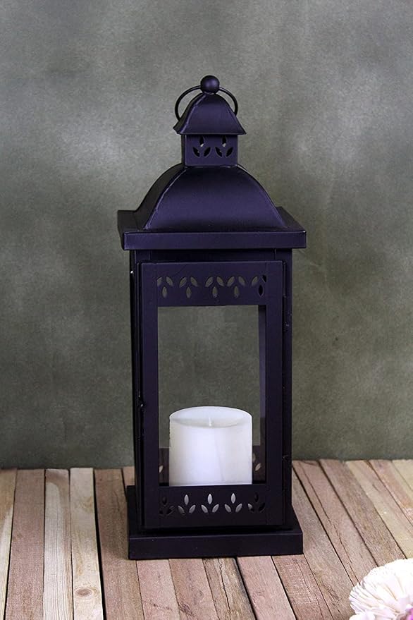 Hosley 15" Clear Glass Iron Lantern - Large Black Classic Style, Decorative Candle Holder for Weddings, Parties, Aromatherapy, Spa, LED Candles, Home Décor Gift
