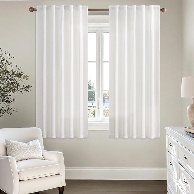 MIULEE Faux Linen Curtains 45 Inch Length 2 Panels Heathered White Semi Sheer Curtain with Back Tab Rod Pocket, Light Filtering Window Privacy Burlap Drapes for Living Room Bedroom 42W x 45L