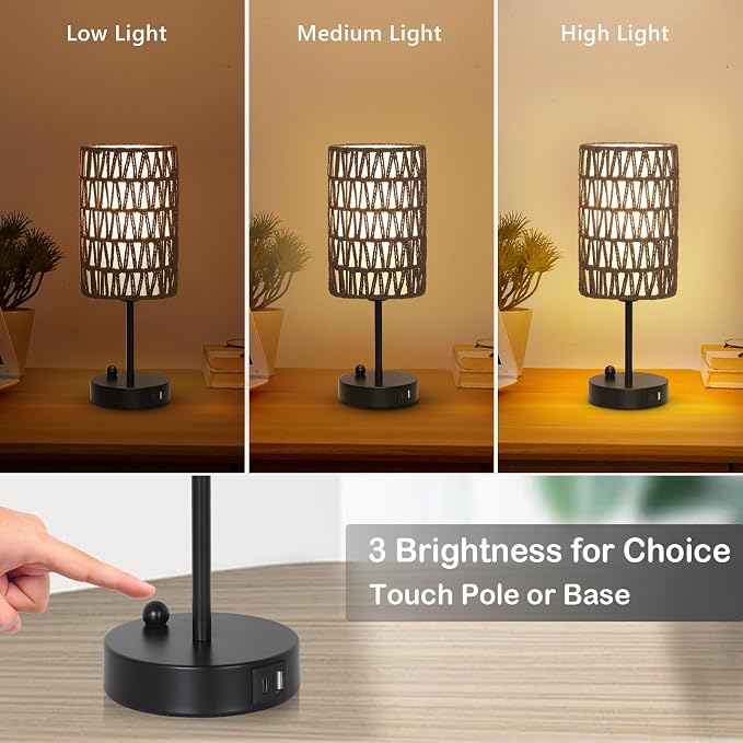 Gray Bedside Lamps Set of 2, Touch Control Night Stand Lamp for Bedroom with Rattan & Linen Shade & Bulbs, 3 Way Dimmable Small Boho Table Lamps with USB Charging Port & Phone Stand