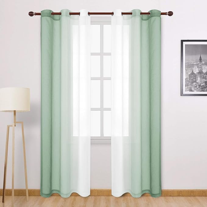 DWCN Light Sage Ombre Sheer Curtains - 84 inches Long Faux Linen Gradient Semi Voile Curtains for Bedroom and Living Room, Set of 2 Grommet Top Window Curtain Panels, 42 x 84 Inches Long, Sage Green